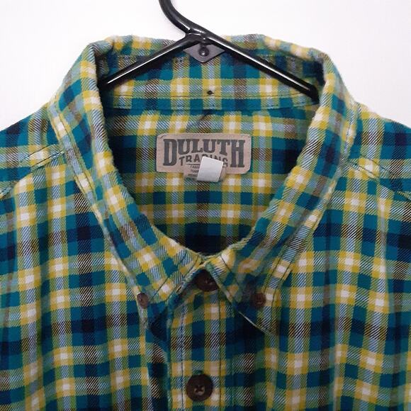 Duluth Trading Co Mens L Blue Yellow Plaid Shirt Long Sleeve Button Down Pockets - Picture 3 of 8